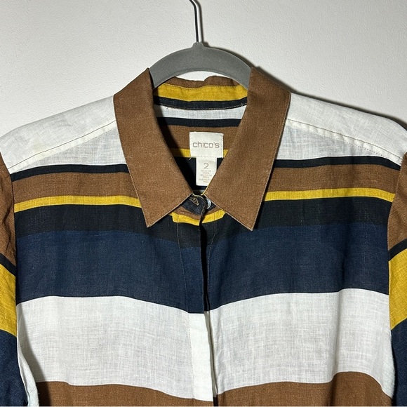 Chico’s Linen Hidden Button Multicolor Stripe Long Sleeve Tunic Size 2 Large - Picture 2 of 10